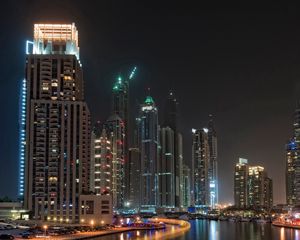 Preview wallpaper dubai, skyscrapers, boats, pier