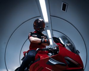 Preview wallpaper ducati, motorcycle, bike, red, motorcyclist, helmet, tunnel