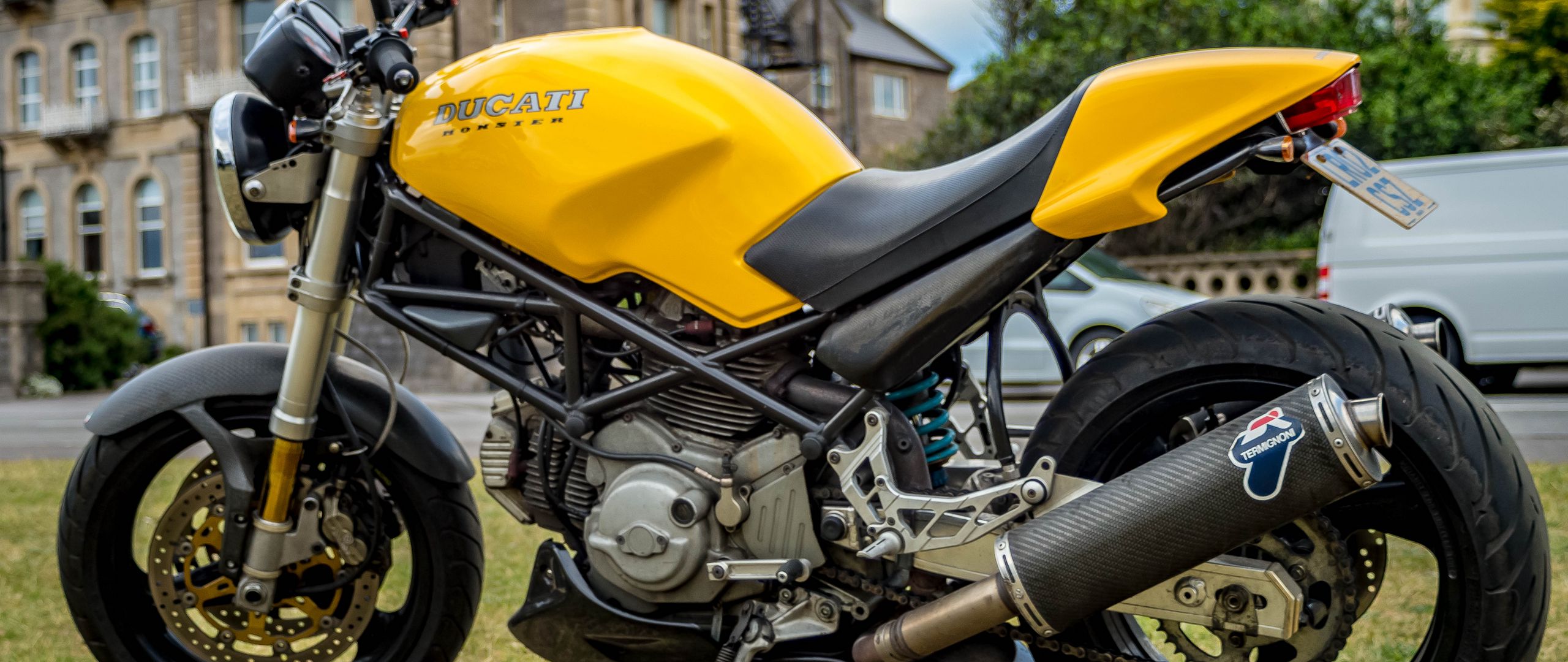 Download wallpaper 2560x1080 ducati, motorcycle, bike, yellow dual wide