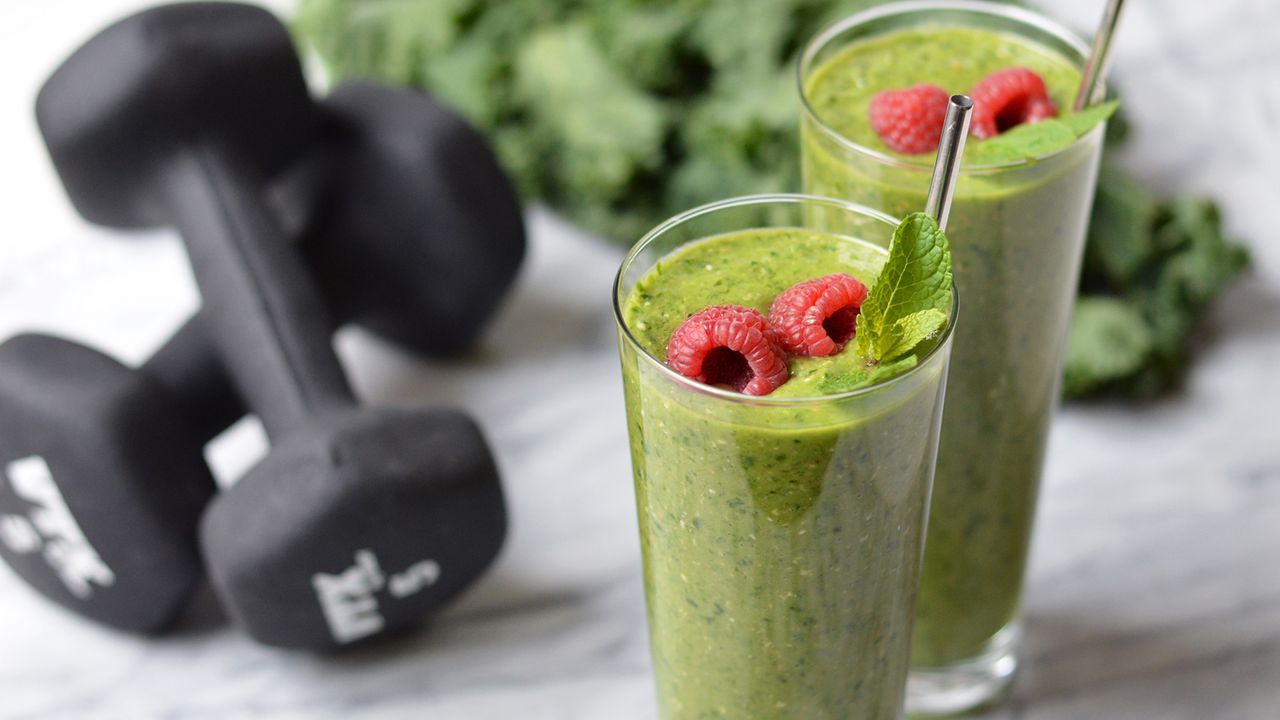 Wallpaper dumbbells, smoothies, raspberry, sports nutrition