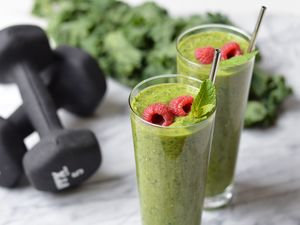 Preview wallpaper dumbbells, smoothies, raspberry, sports nutrition