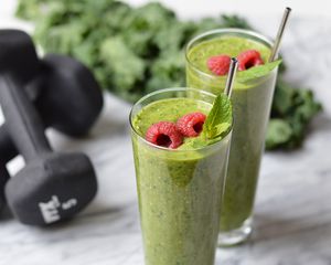 Preview wallpaper dumbbells, smoothies, raspberry, sports nutrition