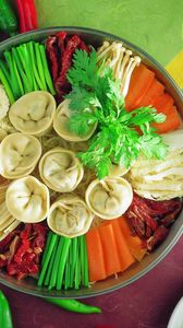 Preview wallpaper dumplings, vegetables, herbs, pepper