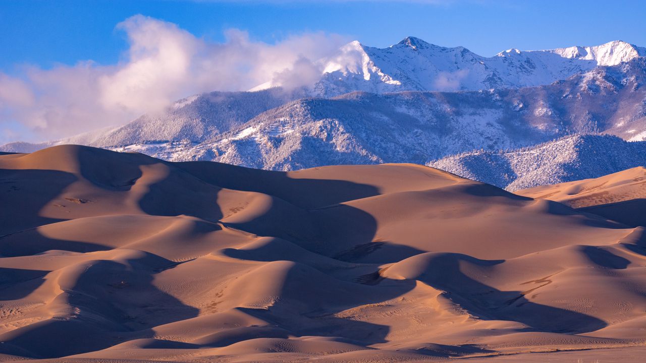 Wallpaper dunes, sand, mountains, snow, clouds, nature