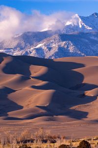 Preview wallpaper dunes, sand, mountains, snow, clouds, nature