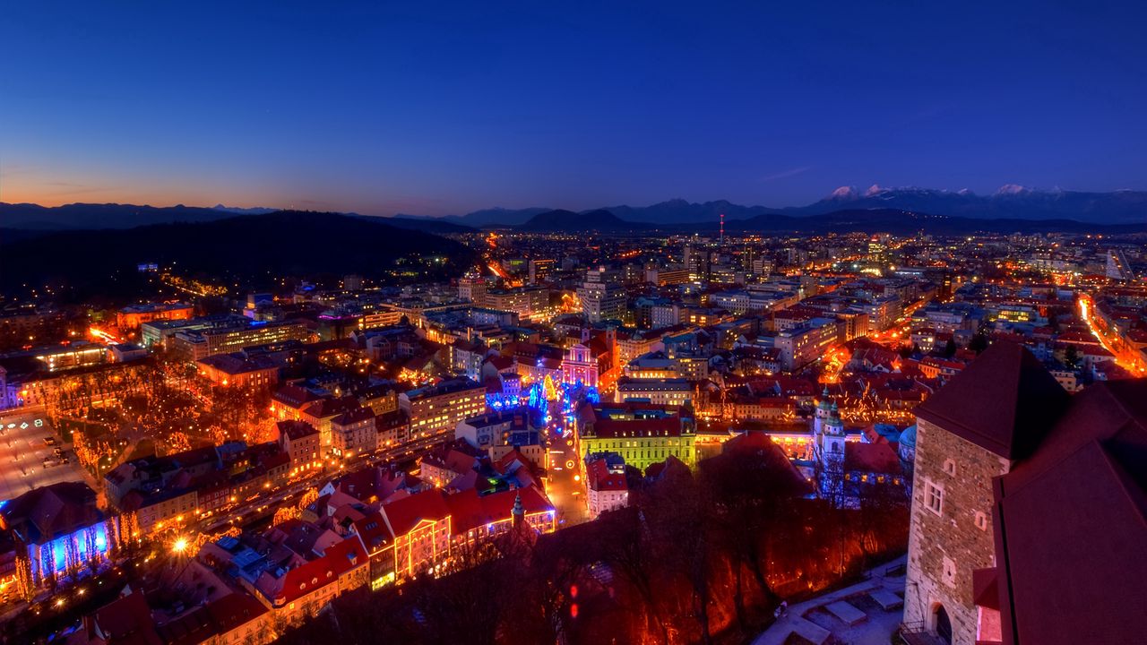 Wallpaper dusk, evening, lights, home, castle, mountains, alps, christmas, slovenia