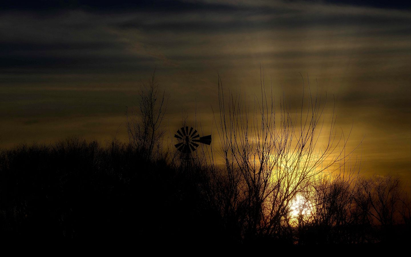 1440x900 Wallpaper dusk, landscape, windmill, horizon, dark