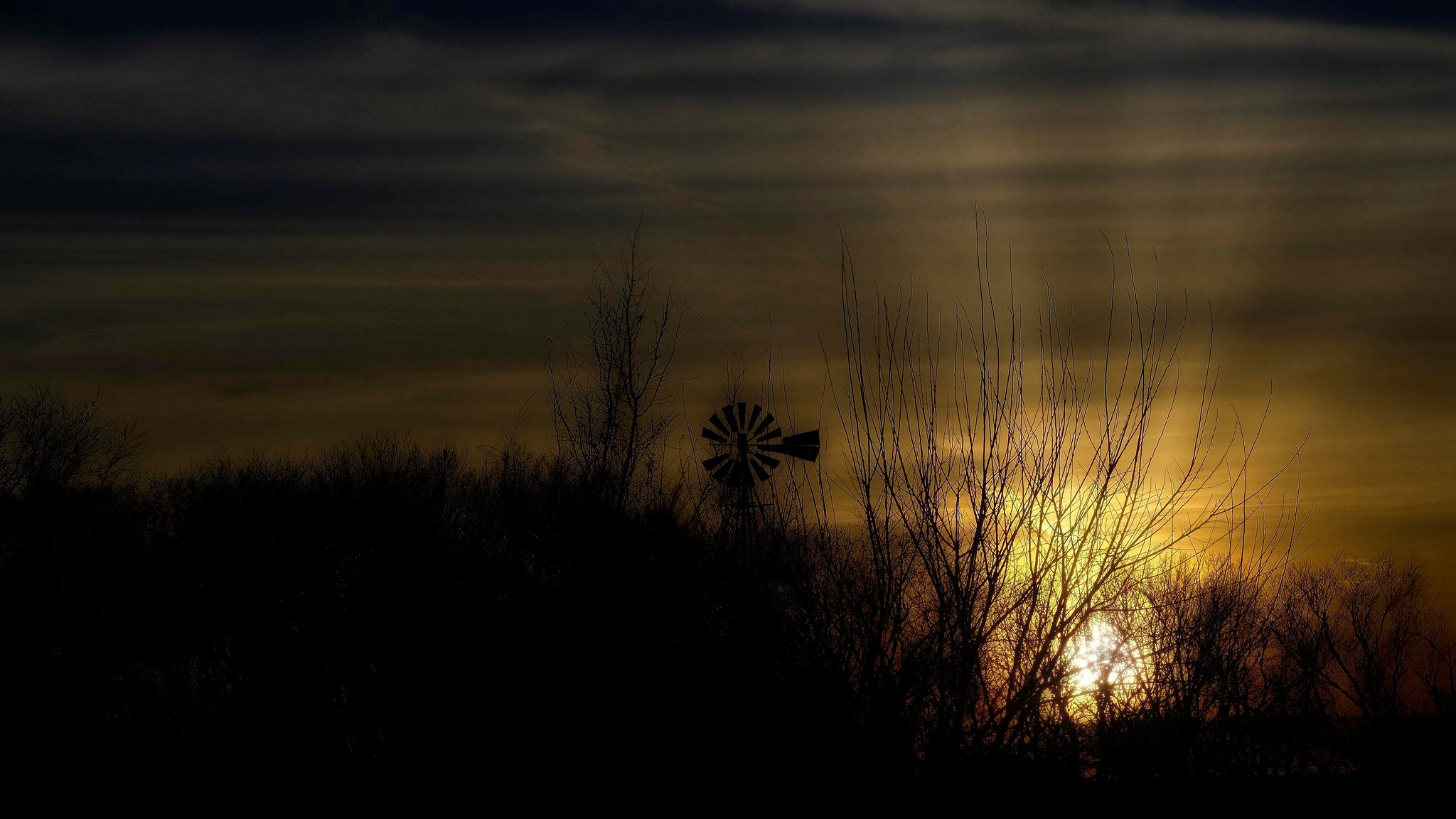 2048x1152 Wallpaper dusk, landscape, windmill, horizon, dark