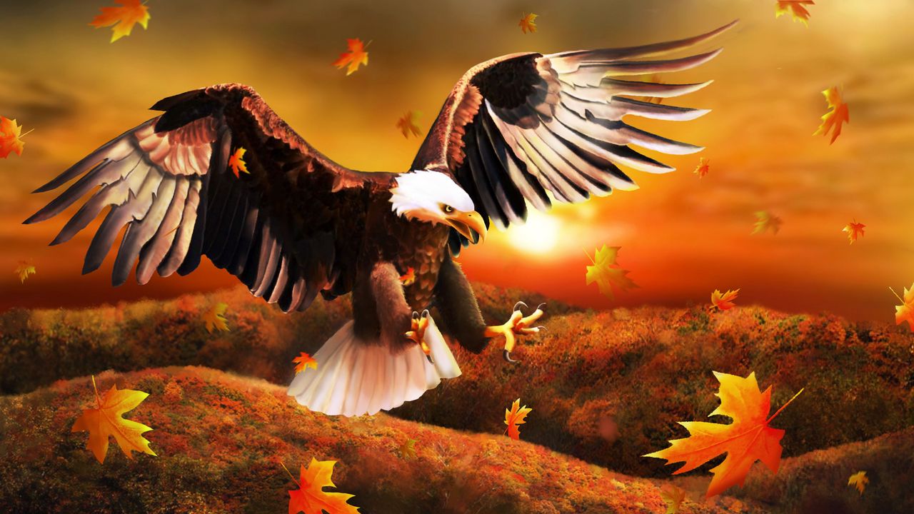 Wallpaper eagle, bird, leaves, art