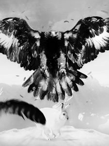 Preview wallpaper eagle, hare, art, bird, feathers, mountains