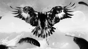 Preview wallpaper eagle, hare, art, bird, feathers, mountains