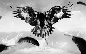 Preview wallpaper eagle, hare, art, bird, feathers, mountains