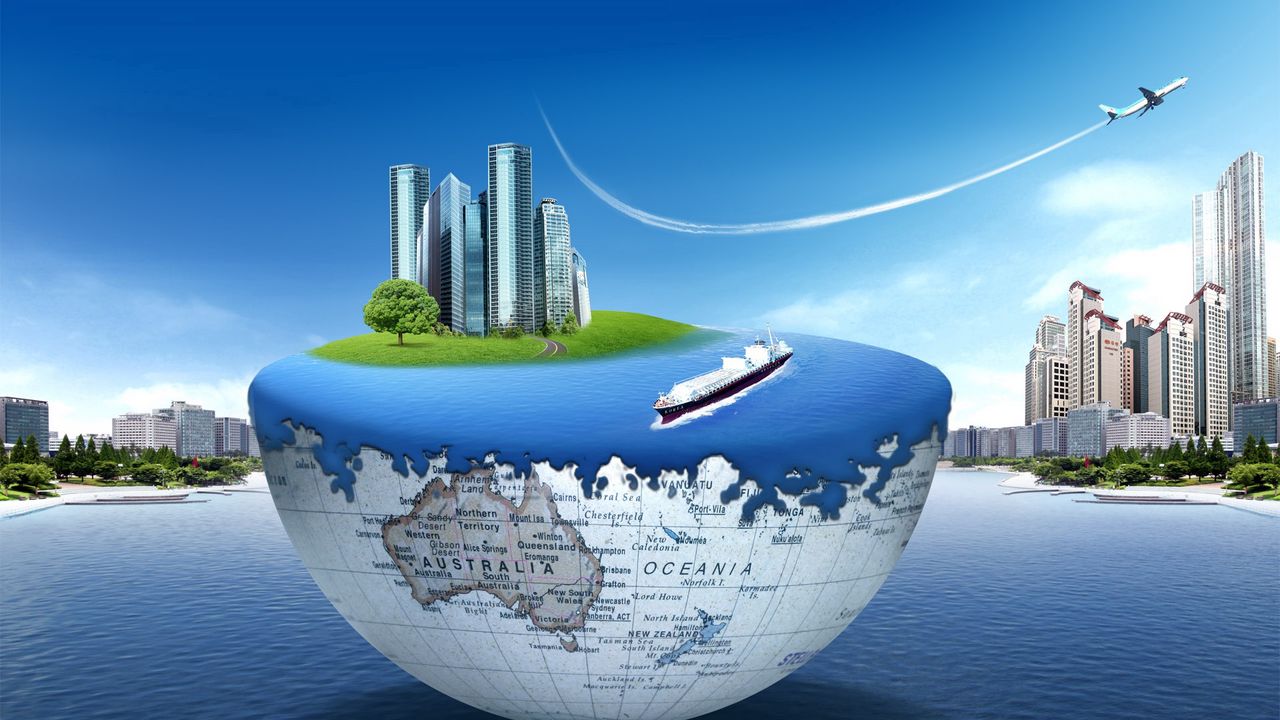 Wallpaper earth, globe, plane, ocean, city