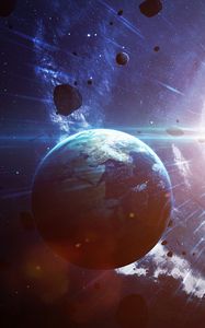 Preview wallpaper earth, planet, asteroids, rays, glow