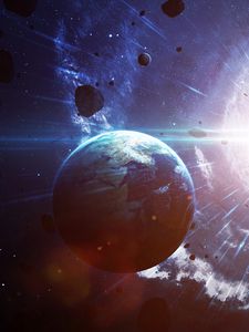 Preview wallpaper earth, planet, asteroids, rays, glow