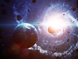 Preview wallpaper earth, planet, asteroids, rays, glow
