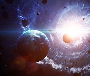Preview wallpaper earth, planet, asteroids, rays, glow