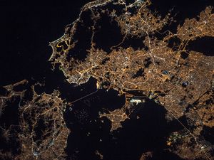 Preview wallpaper earth, planet, continent, glow, night, view from space