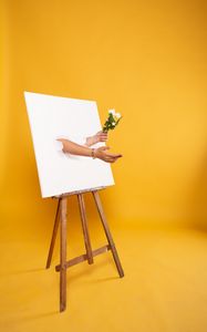 Preview wallpaper easel, canvas, hands, flowers, illusion, installation