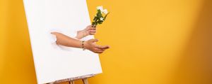 Preview wallpaper easel, canvas, hands, flowers, illusion, installation