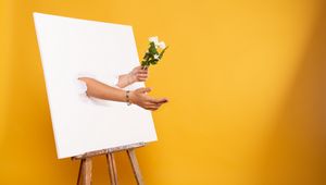 Preview wallpaper easel, canvas, hands, flowers, illusion, installation