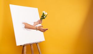 Preview wallpaper easel, canvas, hands, flowers, illusion, installation