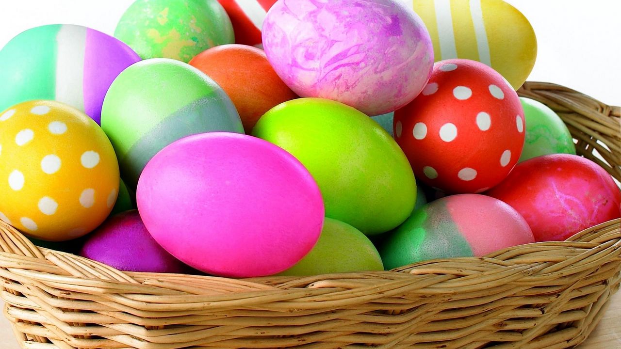 Wallpaper easter, holiday, eggs, colored, bright, mountain, colorful, basket