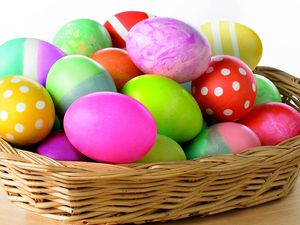 Preview wallpaper easter, holiday, eggs, colored, bright, mountain, colorful, basket