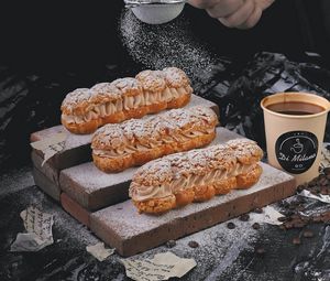 Preview wallpaper eclairs, cream, dessert, sprinkling, coffee, cup