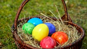 Preview wallpaper eggs, easter, basket, hay