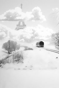 Preview wallpaper eifel tower, paris, france, tram, winter, snow, rails, clouds