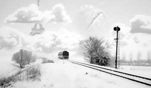 Preview wallpaper eifel tower, paris, france, tram, winter, snow, rails, clouds