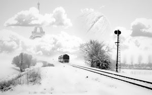 Preview wallpaper eifel tower, paris, france, tram, winter, snow, rails, clouds