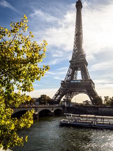 Preview wallpaper eiffel tower, bridge, river, ship, paris, france