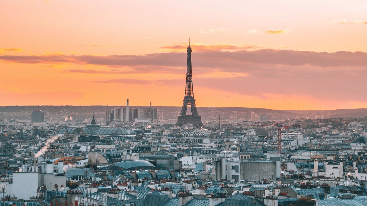 Wallpaper eiffel tower, city, sunset, top view, paris, france