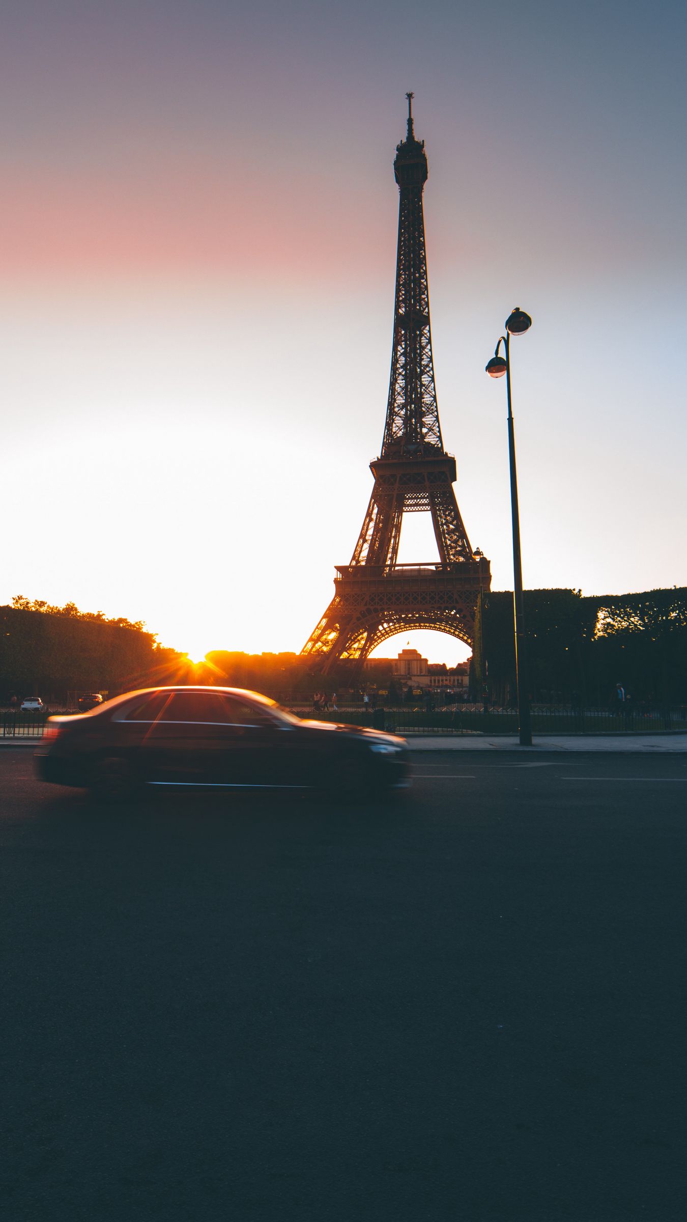 Download wallpaper 1350x2400 eiffel tower, paris, france, car, traffic,  sunset iphone 8+/7+/6s+/6+ for parallax hd background