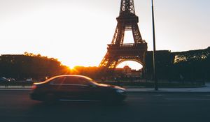 Preview wallpaper eiffel tower, paris, france, car, traffic, sunset