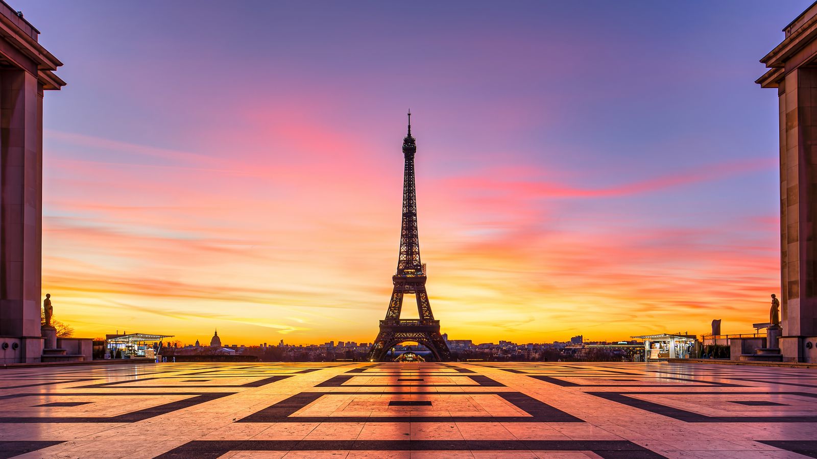 1600x900 Wallpaper eiffel tower, paris, france, square, sunrise