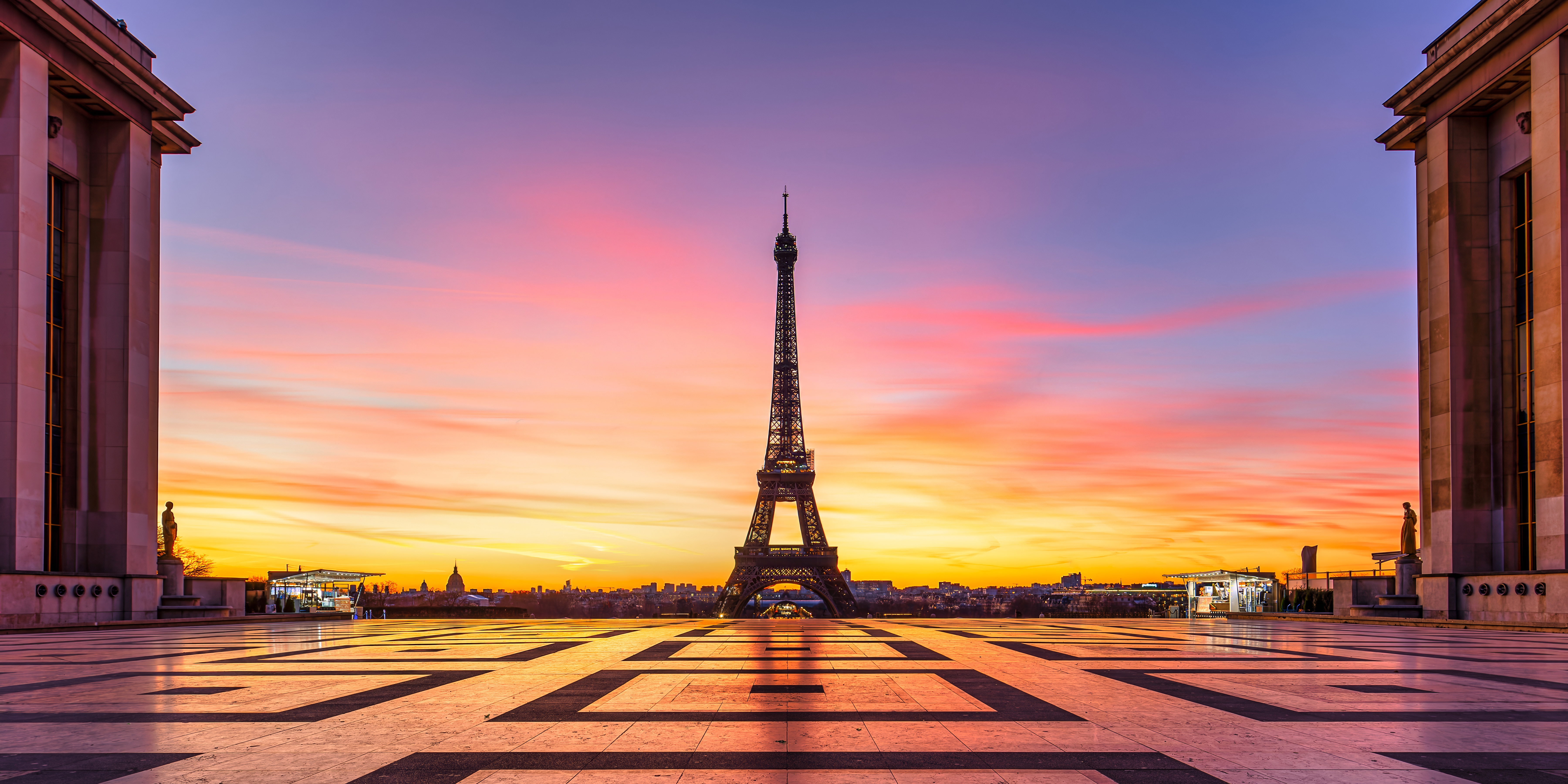 7200x3600 Wallpaper eiffel tower, paris, france, square, sunrise