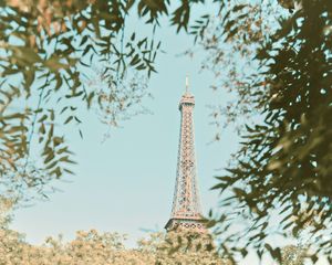 Preview wallpaper eiffel tower, tower, branches, trees, building, paris