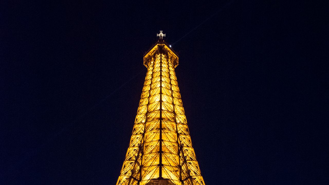 Wallpaper eiffel tower, tower, paris, france, bottom view, backlight, evening