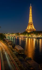 Preview wallpaper eiffel tower, tower, river, road, long exposure