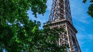Preview wallpaper eiffel tower, trees, leaves, sky, france, paris