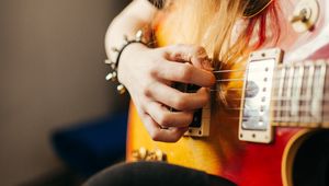 Preview wallpaper electric guitar, guitar, fretboard, hand, girl