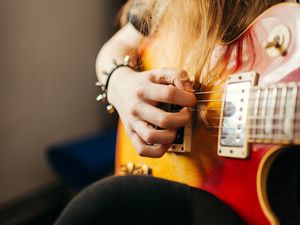 Preview wallpaper electric guitar, guitar, fretboard, hand, girl