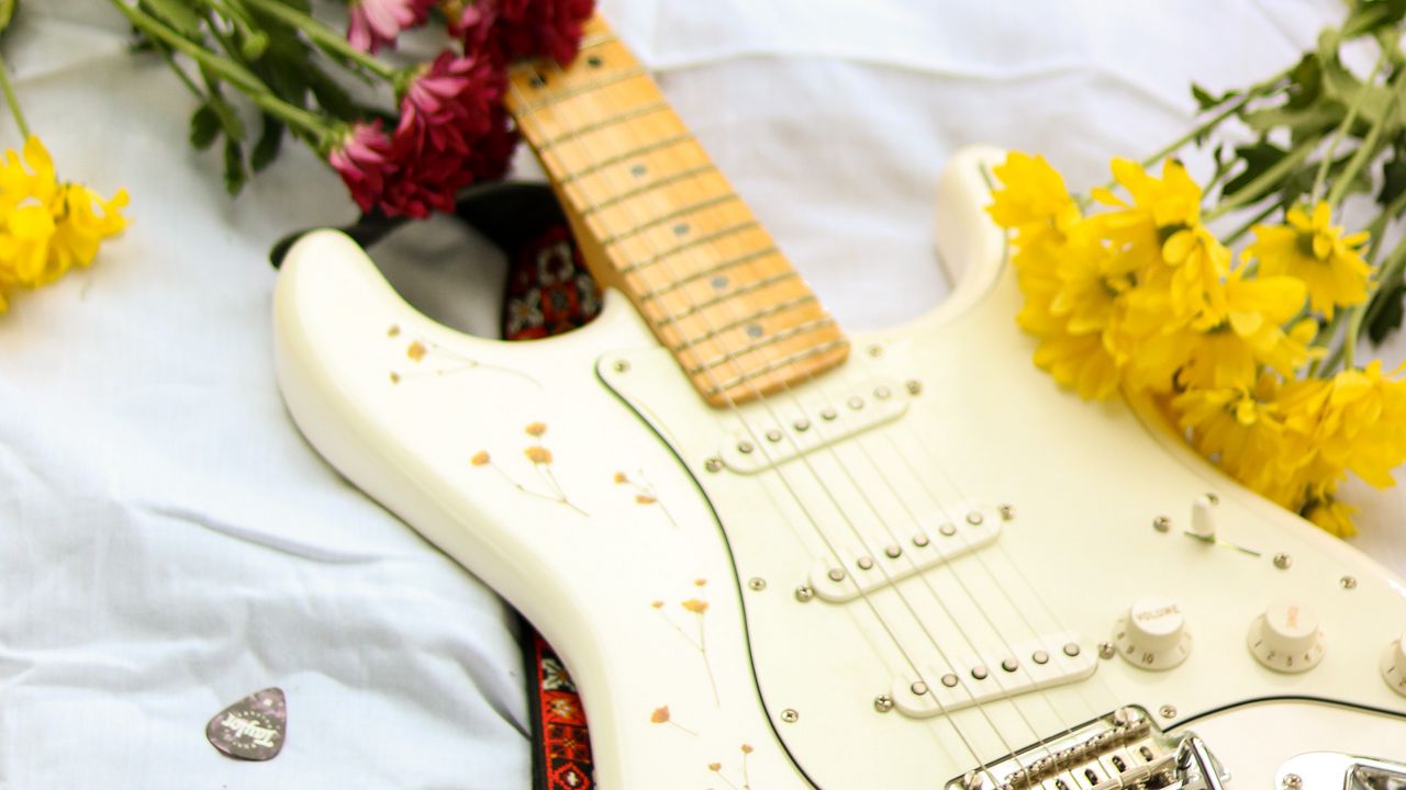 Wallpaper electric guitar, guitar, music, flowers, white