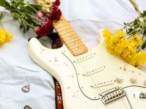 Preview wallpaper electric guitar, guitar, music, flowers, white