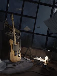 Preview wallpaper electric guitar, guitar, musical instrument, amplifier, window, sheets