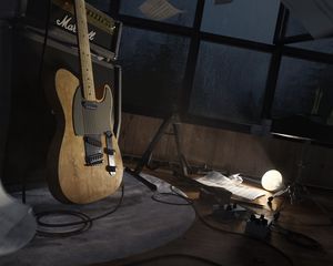 Preview wallpaper electric guitar, guitar, musical instrument, amplifier, window, sheets