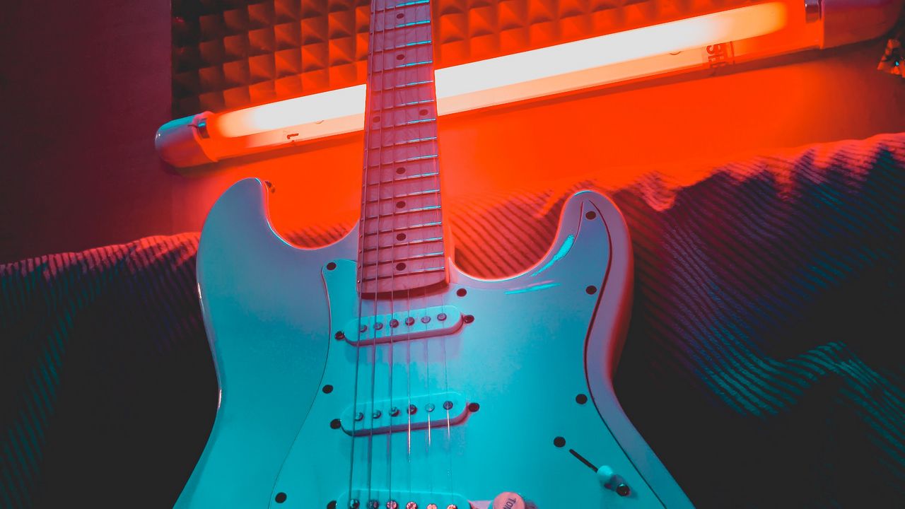 Wallpaper electric guitar, guitar, musical instrument, neon, light